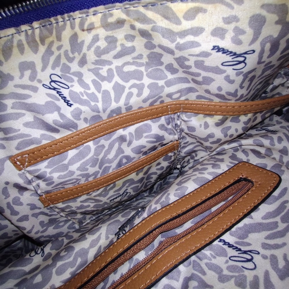 GUESS 2 Zipper handbag Multi Pocket Blue & White Brown Straps Cheetah P Lining - Picture 3 of 9